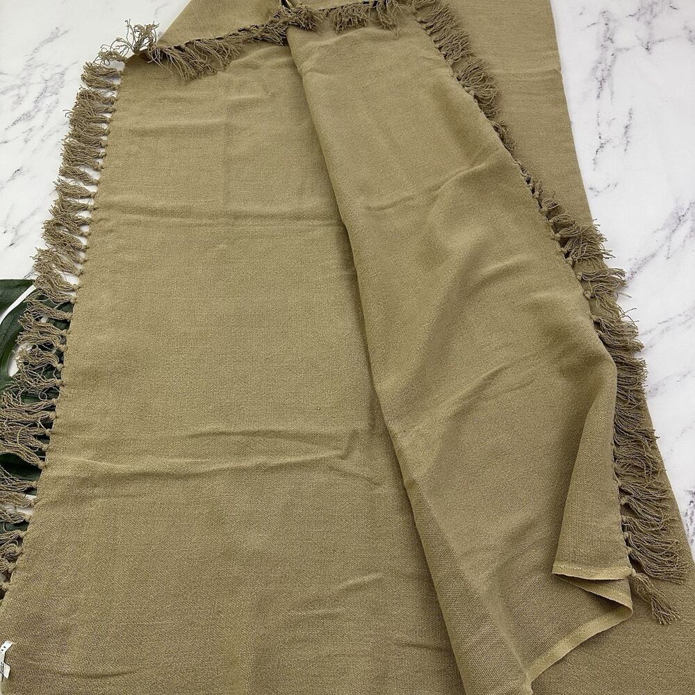 Pottery Barn Linen Cotton Blend Throw Blanket Tan Brown Fringe Woven 50x60 in - Picture 4 of 5